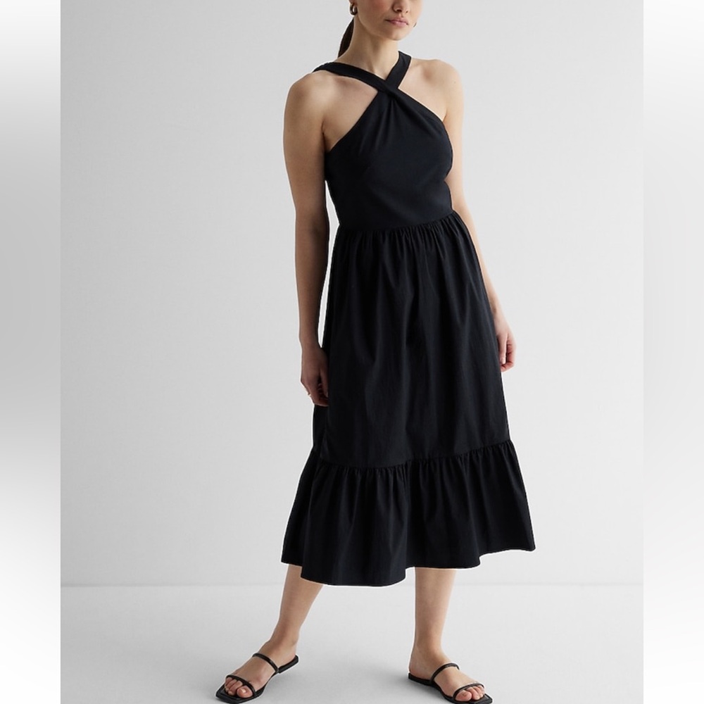 Express Halter Neck Tiered Poplin Midi Dress